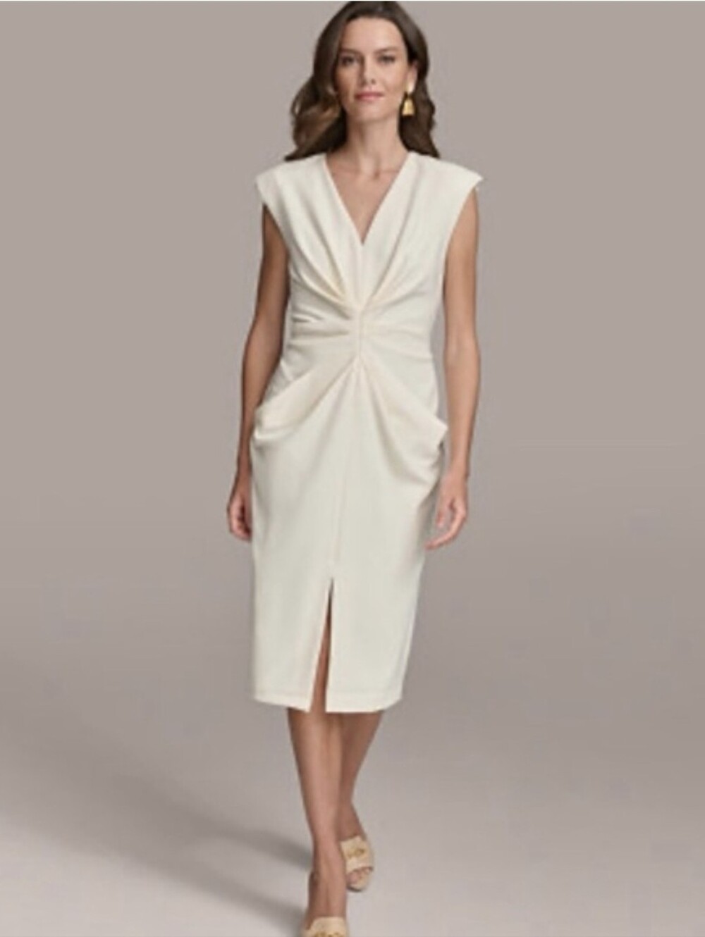 Donna Karan Ivory Ruched Midi Sheath Dress